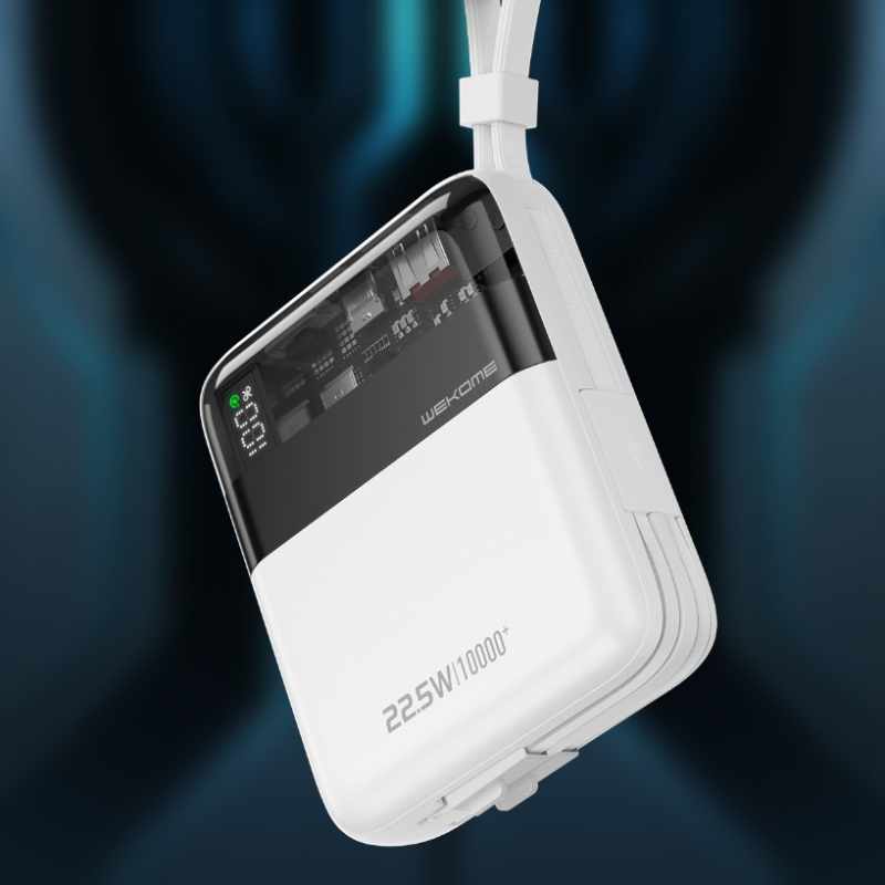 WEKOME WP-309 Vanguard Series - Power bank 10000 mAh Super Charging z wbudowanym kablem USB-C & Lightning PD 20W + QC 22.5W (Biały / Przezroczysty)