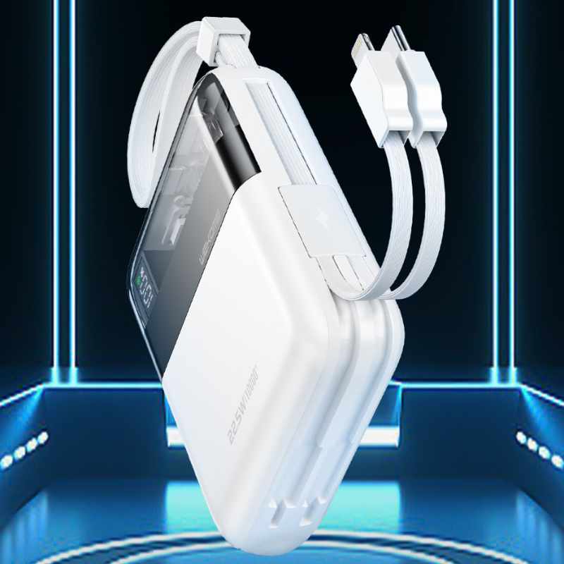 WEKOME WP-309 Vanguard Series - Power bank 10000 mAh Super Charging z wbudowanym kablem USB-C & Lightning PD 20W + QC 22.5W (Biały / Przezroczysty)