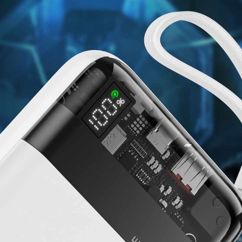 WEKOME WP-309 Vanguard Series - Power bank 10000 mAh Super Charging z wbudowanym kablem USB-C & Lightning PD 20W + QC 22.5W (Biały / Przezroczysty)