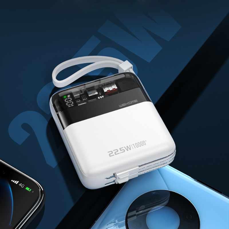 WEKOME WP-309 Vanguard Series - Power bank 10000 mAh Super Charging z wbudowanym kablem USB-C & Lightning PD 20W + QC 22.5W (Biały / Przezroczysty)