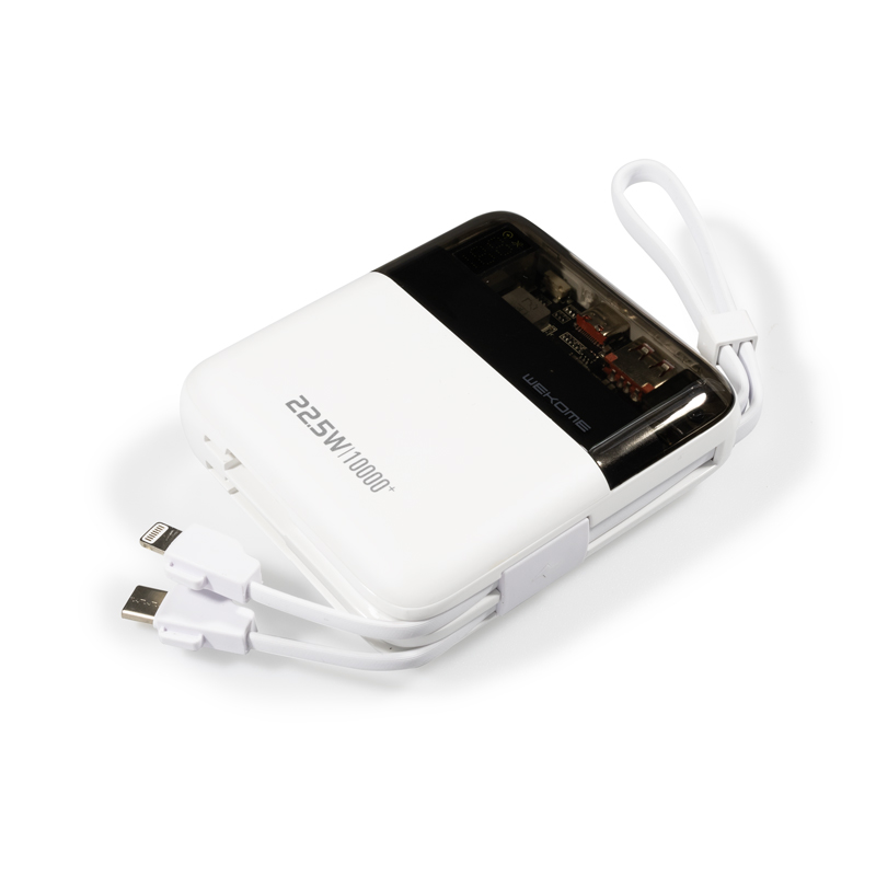 WEKOME WP-309 Vanguard Series - Power bank 10000 mAh Super Charging z wbudowanym kablem USB-C & Lightning PD 20W + QC 22.5W (Biały / Przezroczysty)