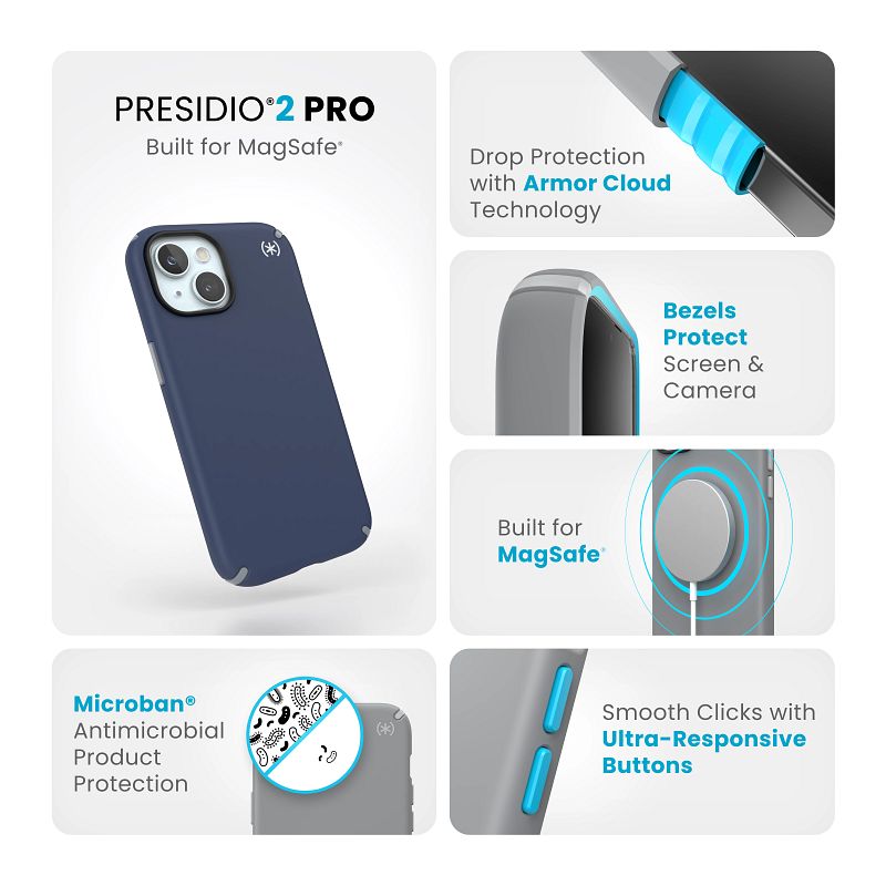 Speck Presidio2 Pro MagSafe - Etui iPhone 16e / iPhone 15 / iPhone 14 / iPhone 13 (Coastal Blue / Dust Grey / White)