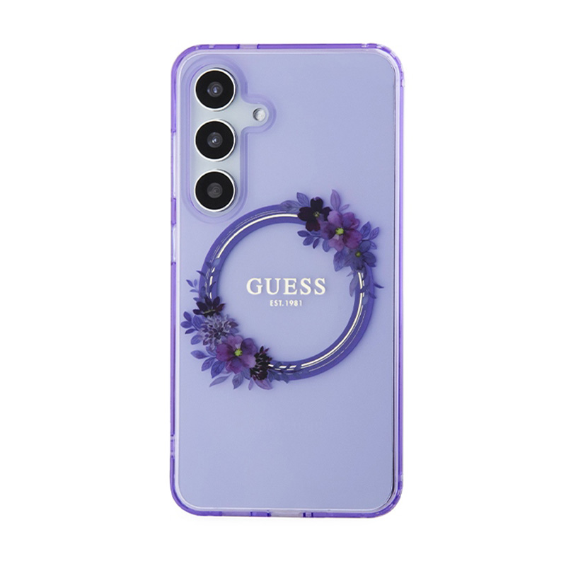 Guess IML Flowers Wreath MagSafe - Etui Samsung Galaxy S24 (fioletowy)