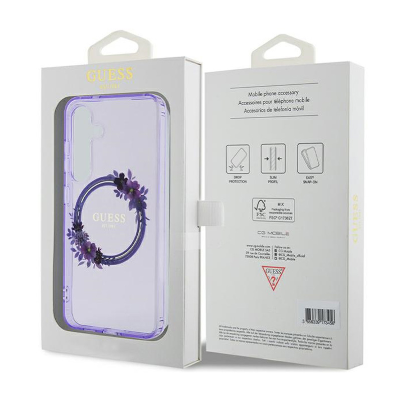 Guess IML Flowers Wreath MagSafe - Etui Samsung Galaxy S24 (fioletowy)