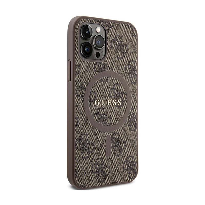 Guess 4G Collection Leather Metal Logo MagSafe - Etui iPhone 12 / iPhone 12 Pro (brązowy)