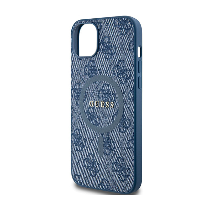 Guess 4G Collection Leather Metal Logo MagSafe - Etui iPhone 15 / 14 / 13 (niebieski)