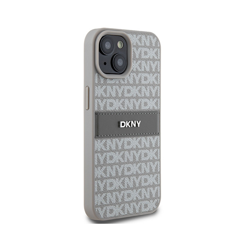 DKNY Leather Mono Stripe & Metal Logo - Etui iPhone 15 Plus / 14 Plus (beżowy)