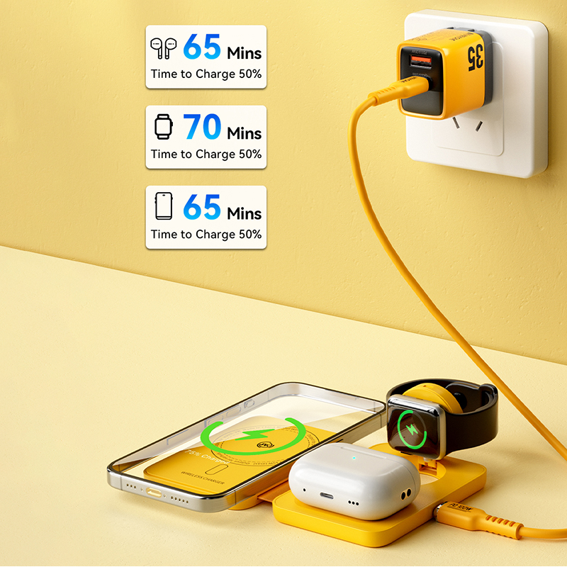 WEKOME WP-U172 - Ładowarka bezprzewodowa 3w1 z MagSafe do iPhone, Apple Watch i AirPods + lusterko (Żółty)