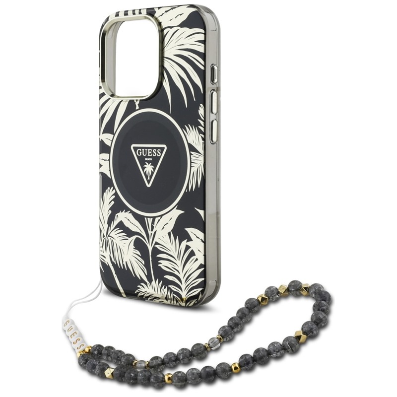 Guess Palm Trees Triangle Pearl Strap MagSafe - Etui do iPhone 16 Pro (czarny)