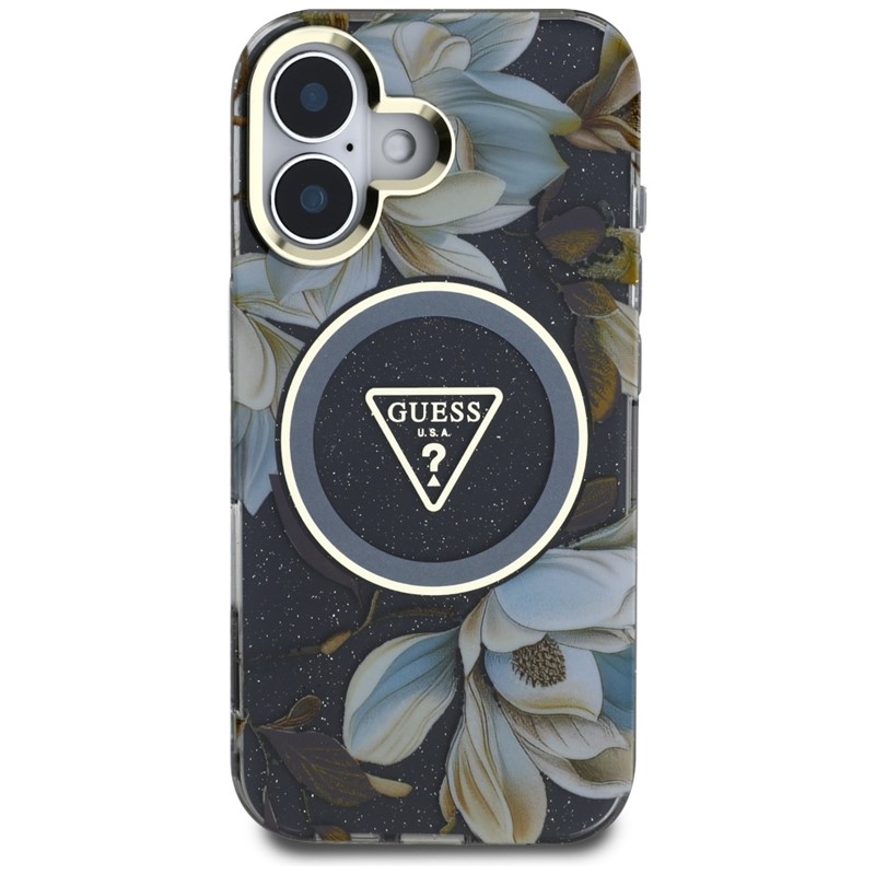 Guess Glitter Flowers Triangle Buttons MagSafe - Etui do iPhone 16 (czarny)