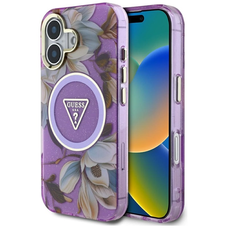 Guess Glitter Flowers Triangle Buttons MagSafe - Etui do iPhone 16 (fioletowy)