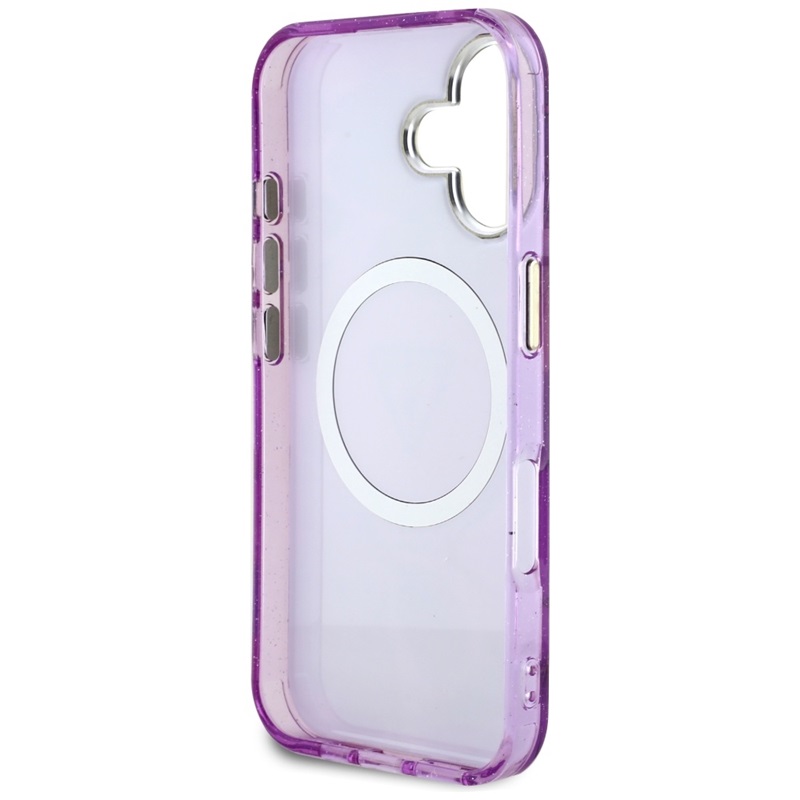 Guess Glitter Flowers Triangle Buttons MagSafe - Etui do iPhone 16 (fioletowy)