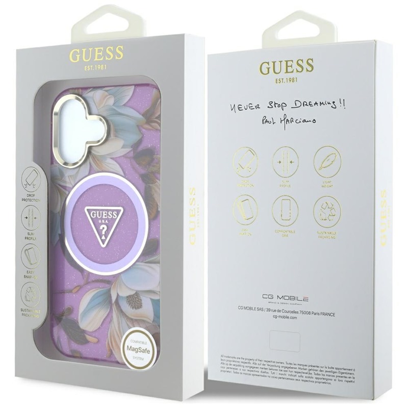 Guess Glitter Flowers Triangle Buttons MagSafe - Etui do iPhone 16 (fioletowy)