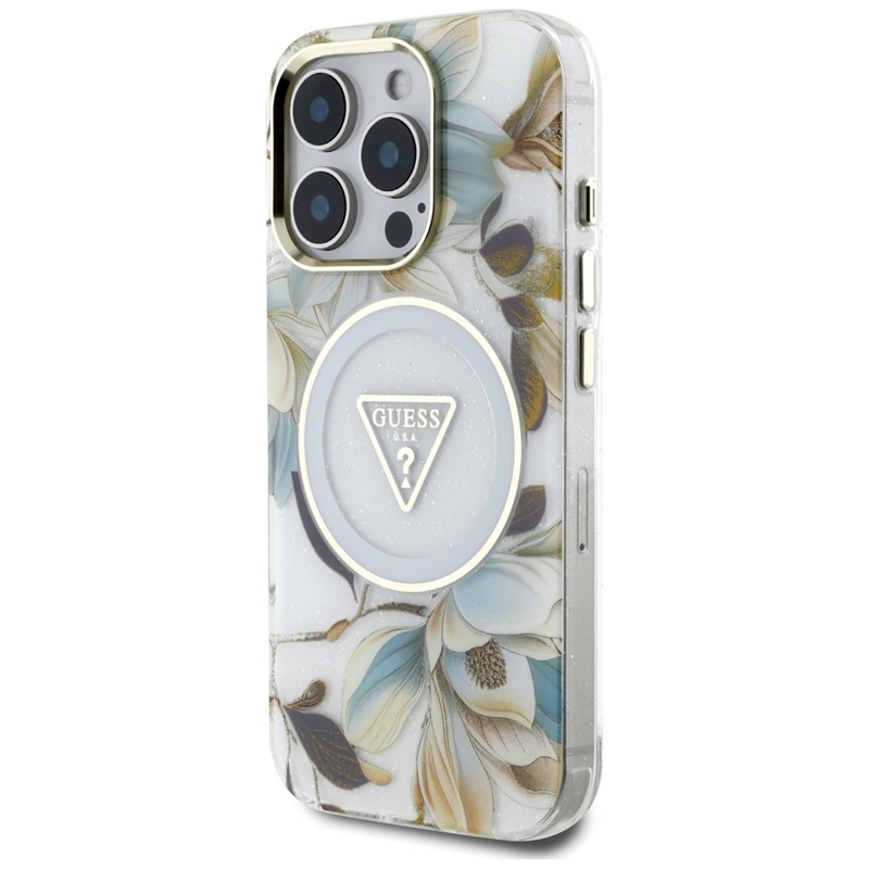 Guess Glitter Flowers Triangle Buttons MagSafe - Etui do iPhone 16 Pro Max (biały)