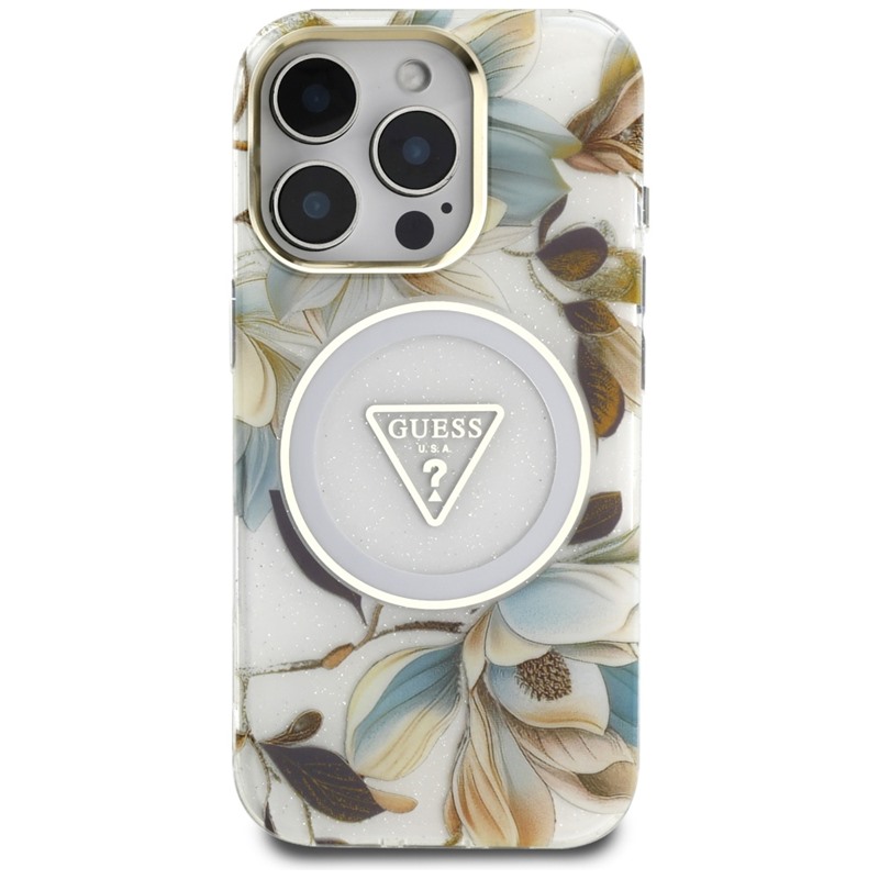 Guess Glitter Flowers Triangle Buttons MagSafe - Etui do iPhone 16 Pro Max (biały)