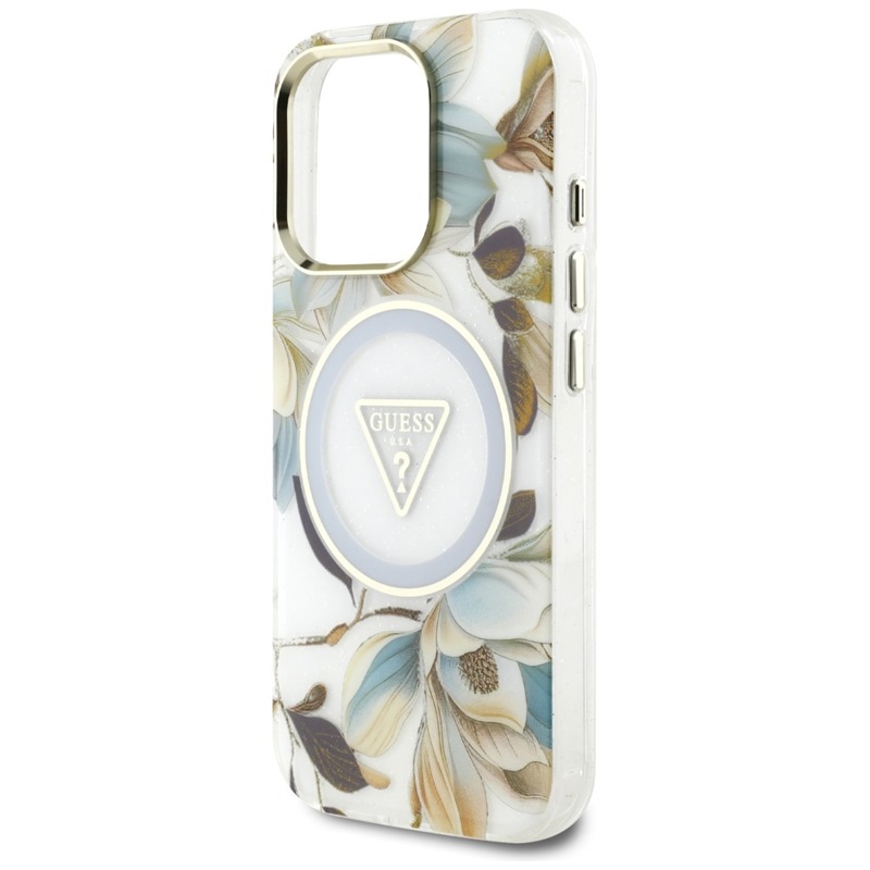 Guess Glitter Flowers Triangle Buttons MagSafe - Etui do iPhone 16 Pro Max (biały)