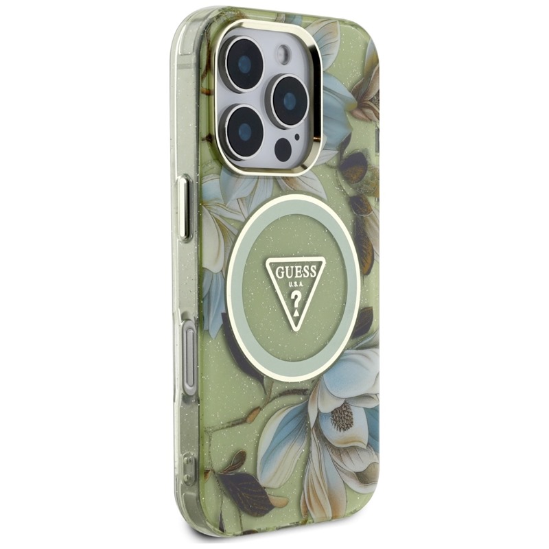 Guess Glitter Flowers Triangle Buttons MagSafe - Etui do iPhone 16 Pro Max (zielony)