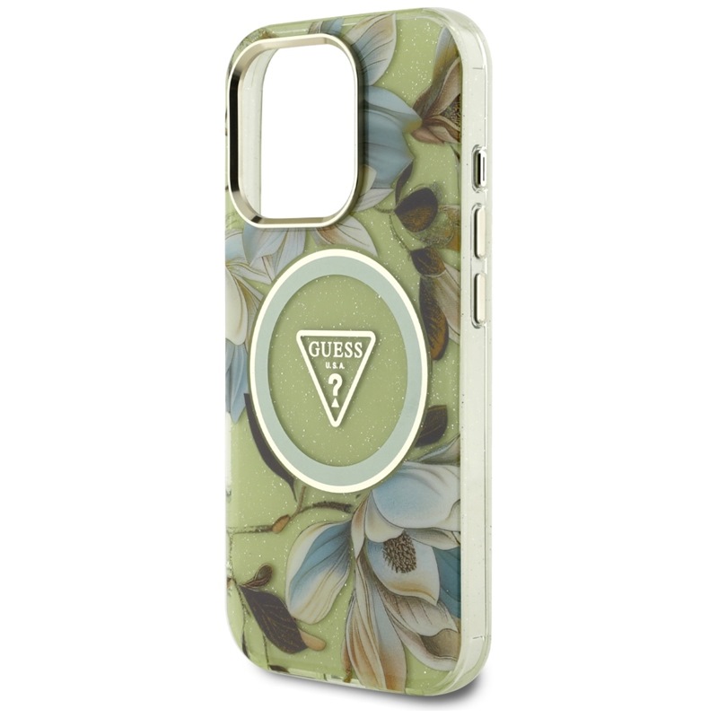 Guess Glitter Flowers Triangle Buttons MagSafe - Etui do iPhone 16 Pro Max (zielony)