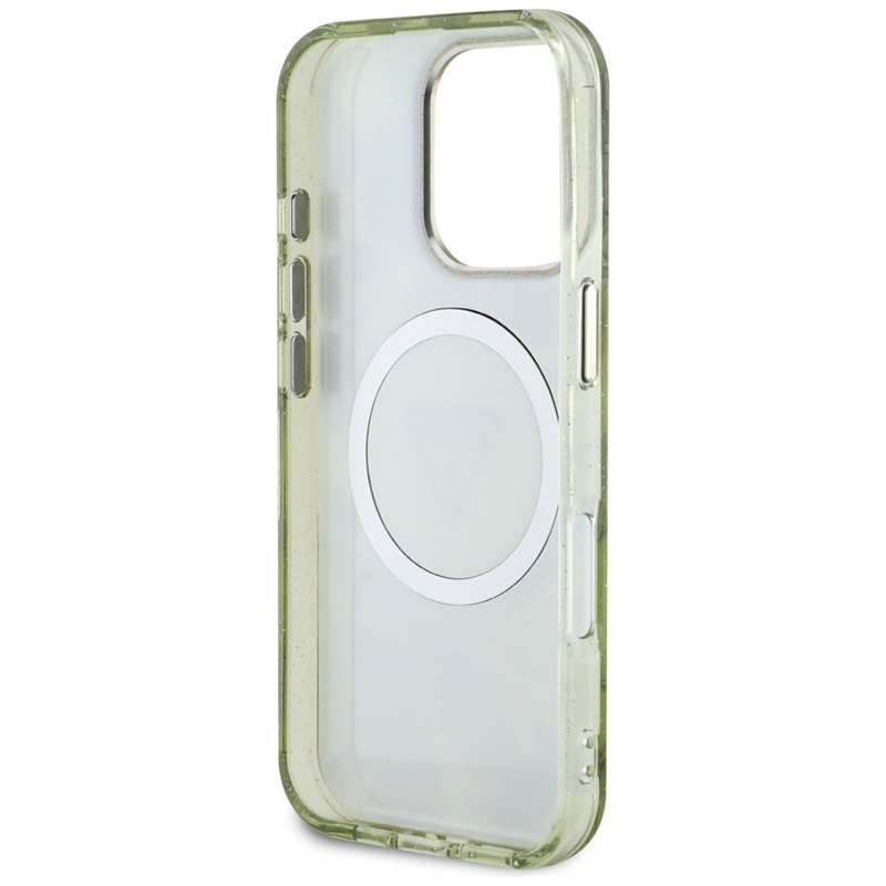 Guess Glitter Flowers Triangle Buttons MagSafe - Etui do iPhone 16 Pro Max (zielony)
