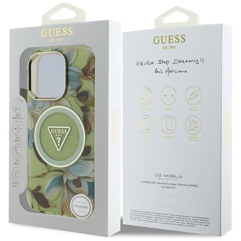 Guess Glitter Flowers Triangle Buttons MagSafe - Etui do iPhone 16 Pro Max (zielony)