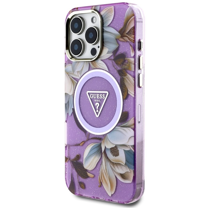 Guess Glitter Flowers Triangle Buttons MagSafe - Etui do iPhone 16 Pro Max (fioletowy)