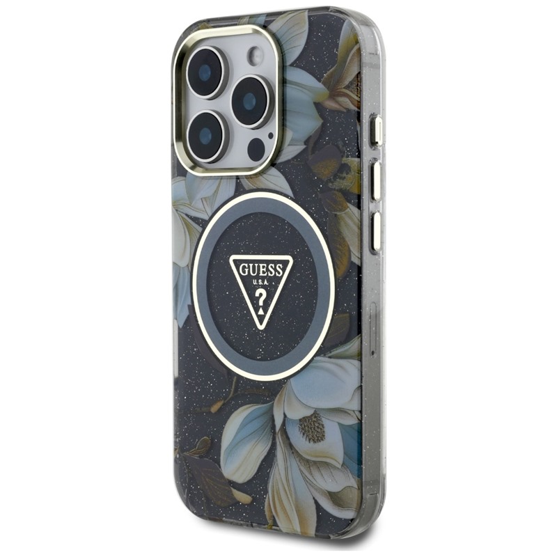 Guess Glitter Flowers Triangle Buttons MagSafe - Etui do iPhone 16 Pro (czarny)