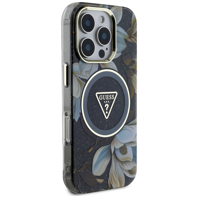 Guess Glitter Flowers Triangle Buttons MagSafe - Etui do iPhone 16 Pro (czarny)