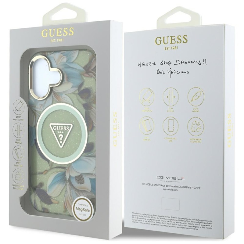 Guess Glitter Flowers Triangle Buttons MagSafe - Etui do iPhone 16 zielony