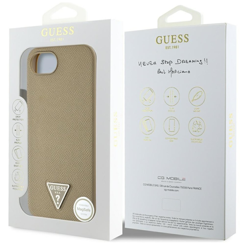 Guess Grained Triangle MagSafe - Etui do iPhone 16e (brązowy)