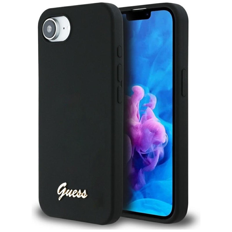 Guess Silicone Script Metal Logo MagSafe - Etui do iPhone 16e (czarny)