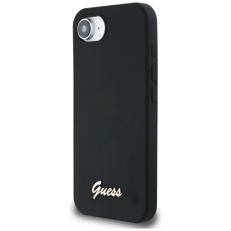 Guess Silicone Script Metal Logo MagSafe - Etui do iPhone 16e (czarny)