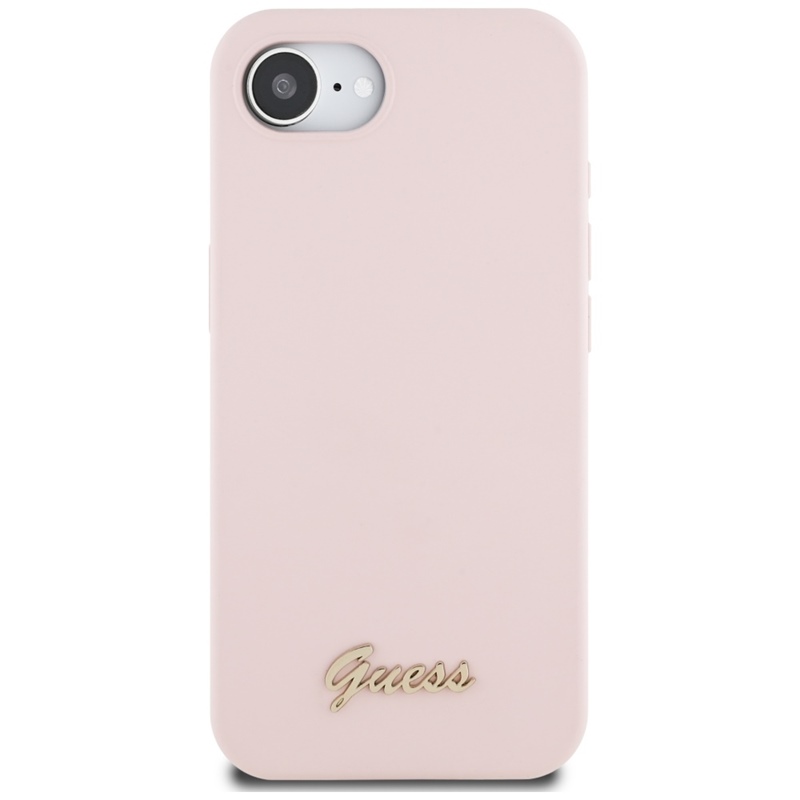 Guess Silicone Script Metal Logo MagSafe - Etui do iPhone 16e (różowy)