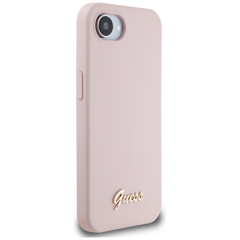 Guess Silicone Script Metal Logo MagSafe - Etui do iPhone 16e (różowy)