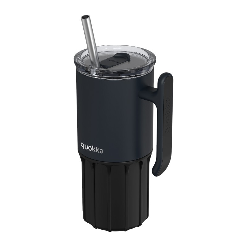 Quokka Umi - Kubek termiczny ze stali nierdzewnej 720 ml ze słomką i silikonową podstawką (Black)