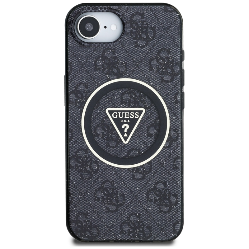 Guess IML Metal Glitter 4G Circle Triangle MagSafe - Etui do iPhone 16e (czarny)