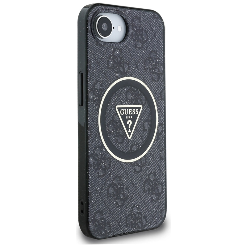 Guess IML Metal Glitter 4G Circle Triangle MagSafe - Etui do iPhone 16e (czarny)