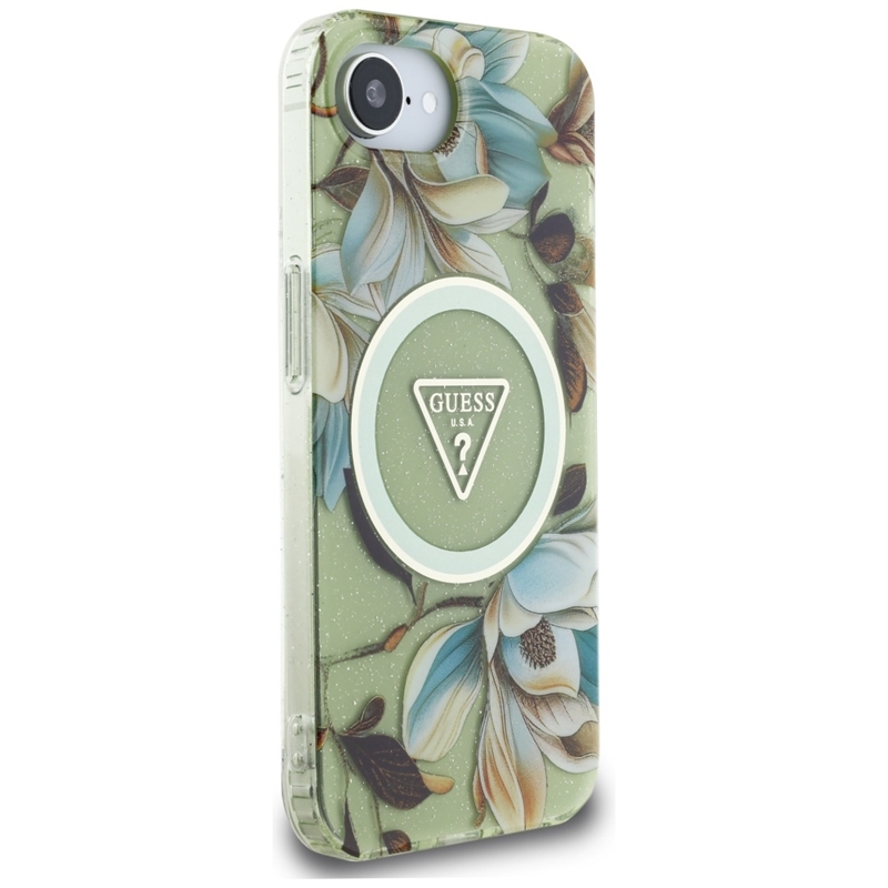 Guess IML Metal Glitter Flowers Triangle MagSafe - Etui do iPhone 16e (zielony)