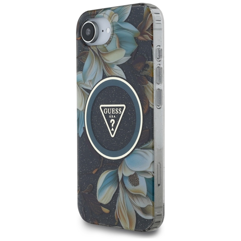 Guess IML Metal Glitter Flowers Triangle MagSafe - Etui do iPhone 16e (czarny)