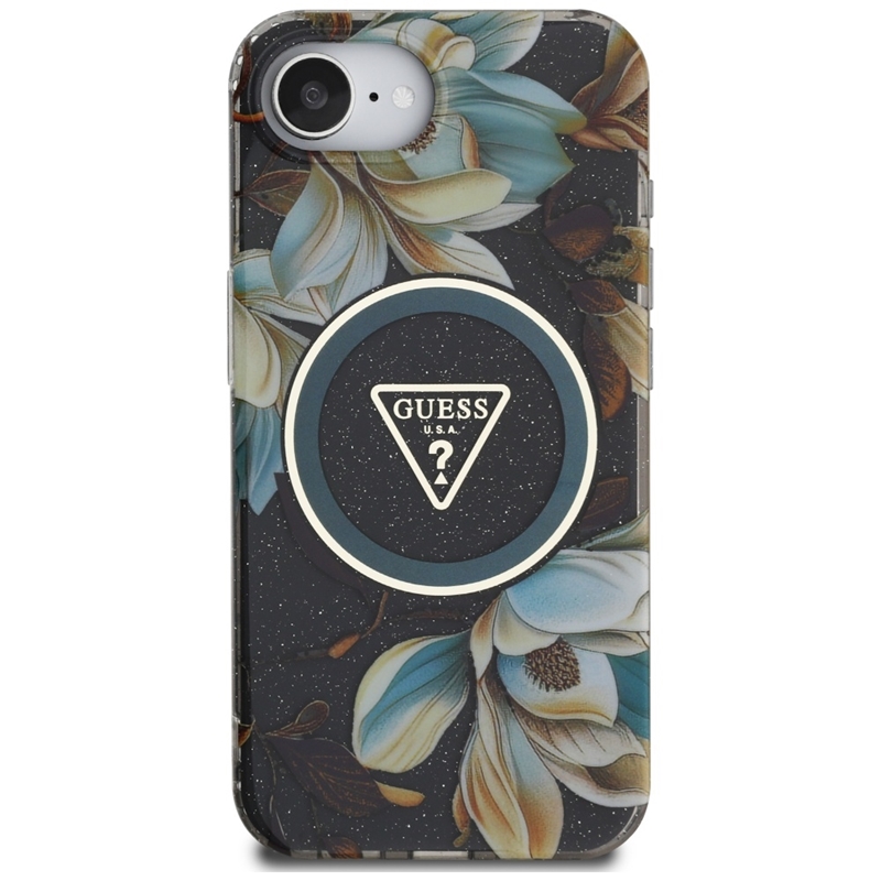 Guess IML Metal Glitter Flowers Triangle MagSafe - Etui do iPhone 16e (czarny)
