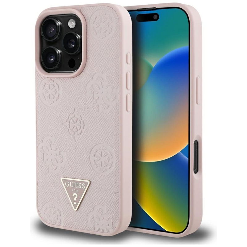 Guess Grained Hot Stamp Peony Triangle Logo MagSafe - Etui do iPhone 16 Pro Max (różowy)