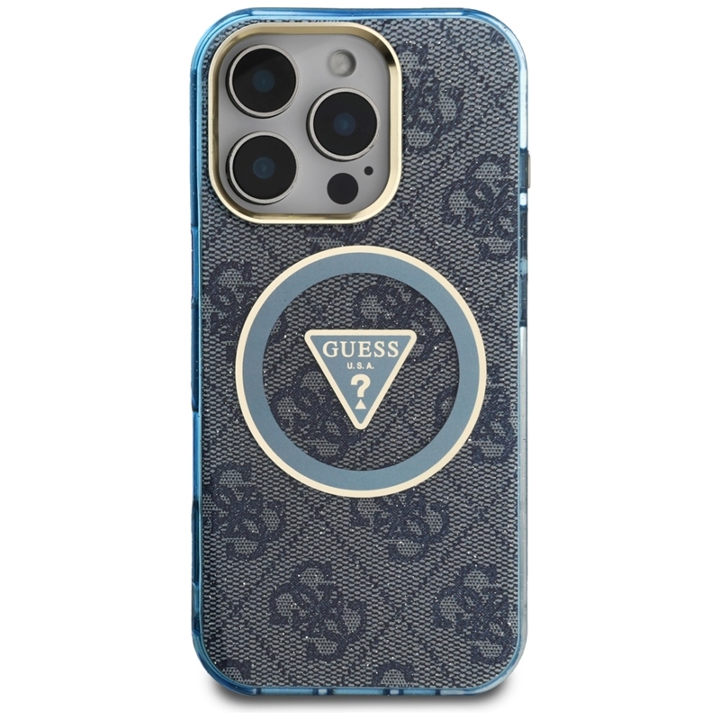 Guess IML Metal Glitter 4G Circle Triangle MagSafe - Etui do iPhone 16 Pro (niebieski)