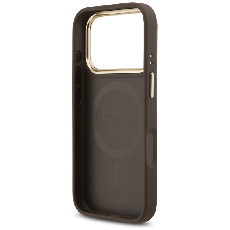 Guess Grained Strass Logo MagSafe - Etui iPhone 17 Pro (brązowy)