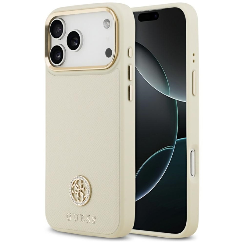 Guess Grained Strass Logo MagSafe - Etui iPhone 17 Pro Max (beżowy)
