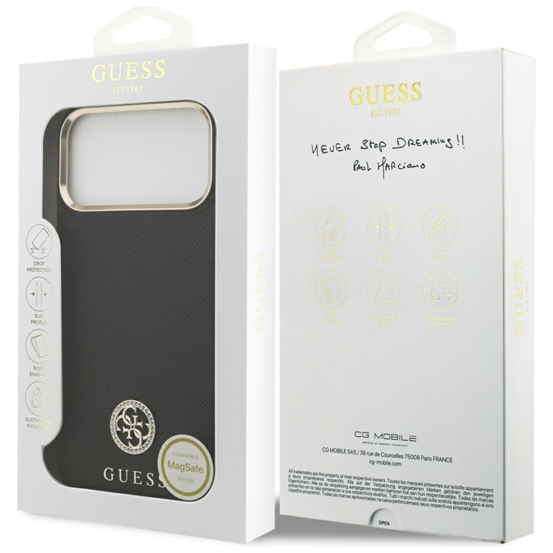 Guess Grained Strass Logo MagSafe - Etui iPhone 17 Pro Max (czarny)