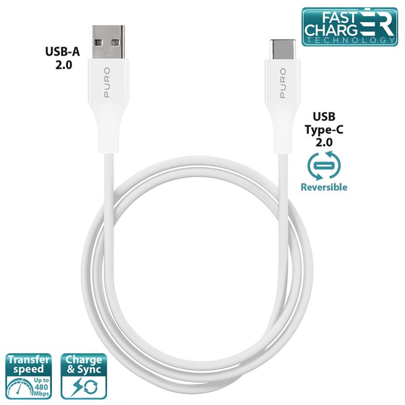 PURO Type-C Charge & Sync Cable - Kabel USB-C 2.0 na USB-A 2.0 do ładowania & synchronizacji danych, 2A, 480 Mbps, 1m (biały)