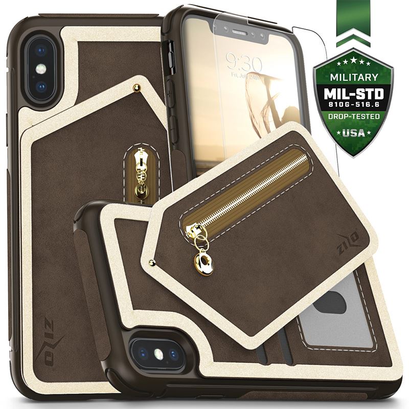 Zizo Nebula Wallet Case - Skórzane etui iPhone X z kieszeniami na karty + saszetka na zamek + szkło 9H na ekran (Dark Brown/Brown)