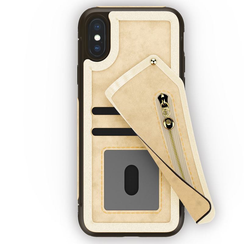 Zizo Nebula Wallet Case - Skórzane etui iPhone X z kieszeniami na karty + saszetka na zamek + szkło 9H na ekran (Tan/Brown)