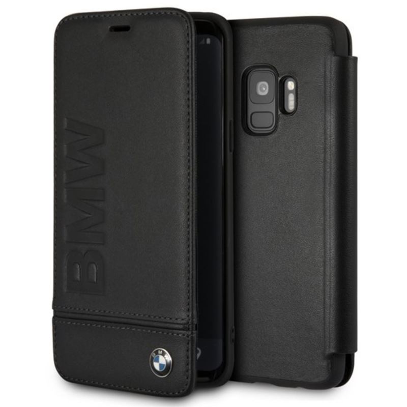 BMW Signature Logo Imprint Book Case - Skórzane etui z klapką Samsung Galaxy S9 z wytłaczanym logo BMW + kieszenie na karty (czarny)