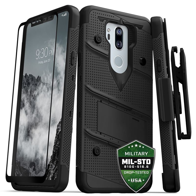Zizo Bolt Cover - Pancerne etui LG G7 ThinQ ze szkłem 9H na ekran + podstawka & uchwyt do paska (Black/Black)