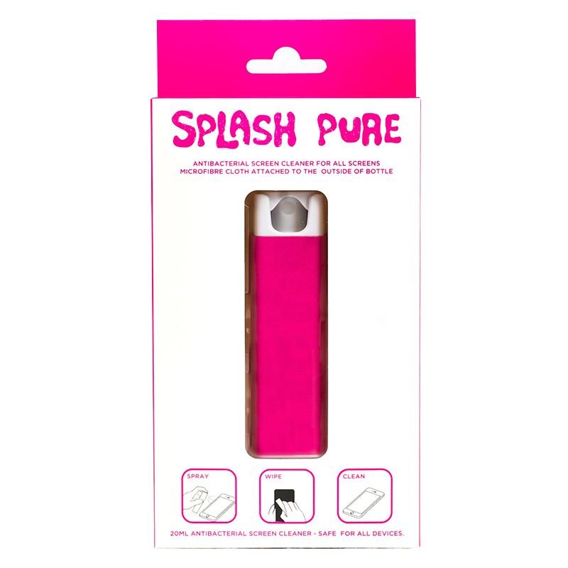 Splash Pure - Antybakteryjny spray z mikrofibrą do czyszczenia ekranu, 20 ml (różowy)